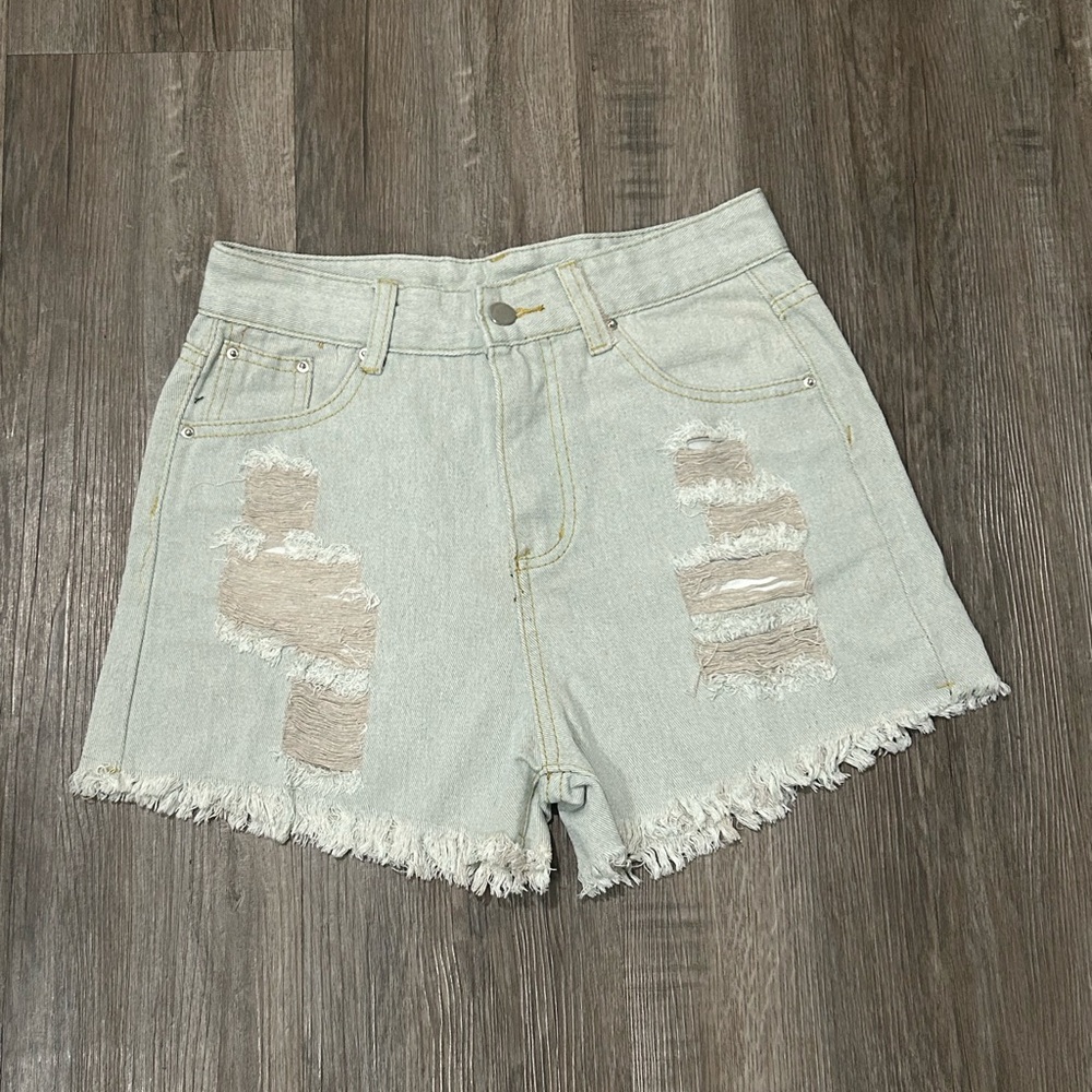 90s Style Distressed Denim Short Acid Washed High Waist Ripped Denims NWT - Picture 2 of 4